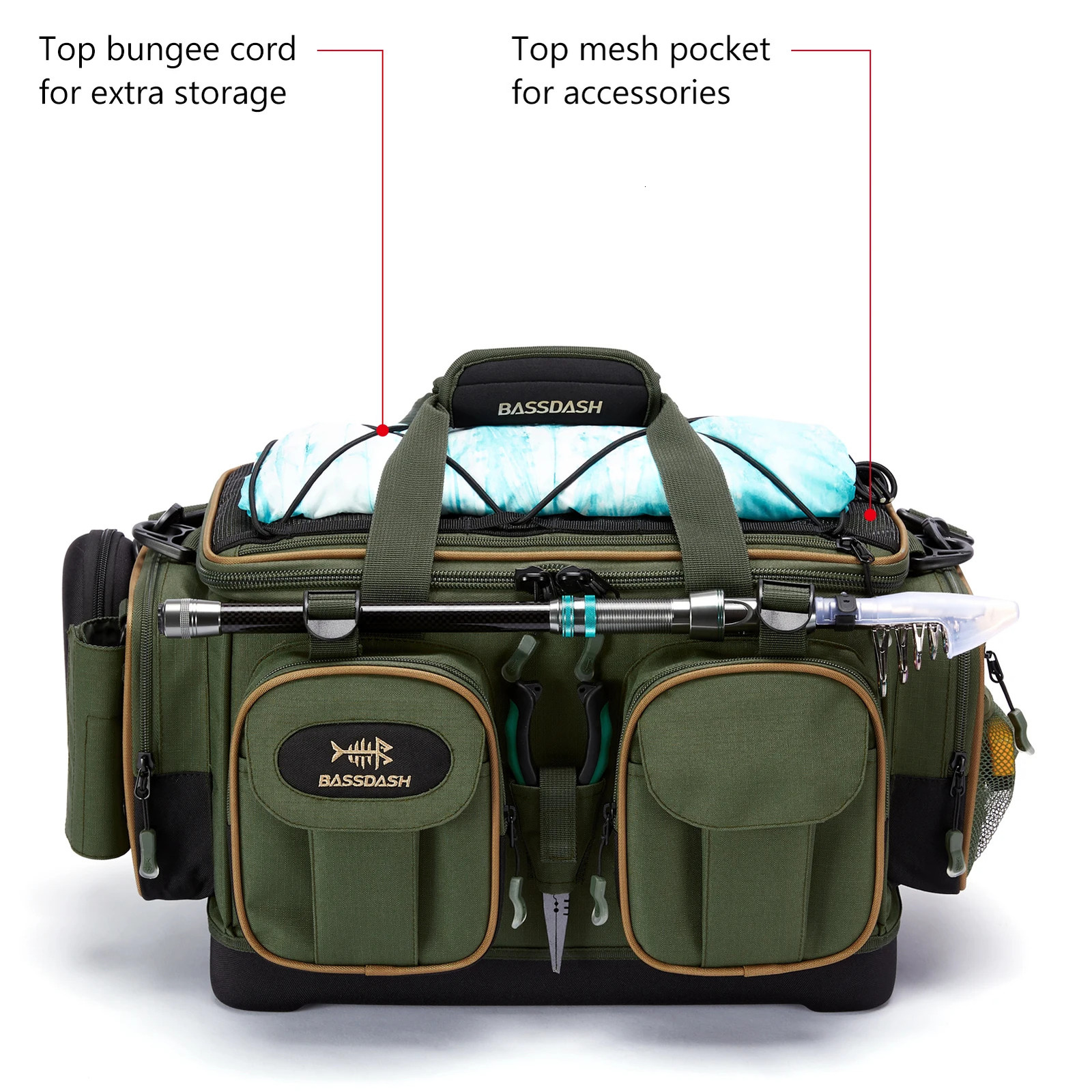 BASSDASH Fishing Tackle Shoulder Bag Water Resistant Lightweight Gear Storage Pack with Hard Molded Bottom Rain Cover 250226