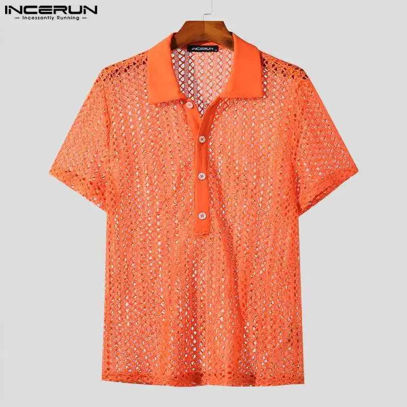 Mens Shirt Mesh Transparent Hollow Out Lapel Short Sleeve Mens Clothing Streetwear Sexy Solid Fashion Shirts S-5XL INCERUN 250222