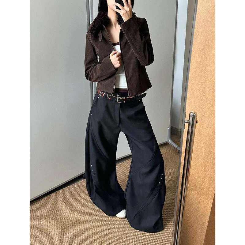 Drapey Black Suit Pants For Women High-End Design Loose Versatile Wide-Leg Casual Trousers High Street Haruku Mopping Hip Hop
