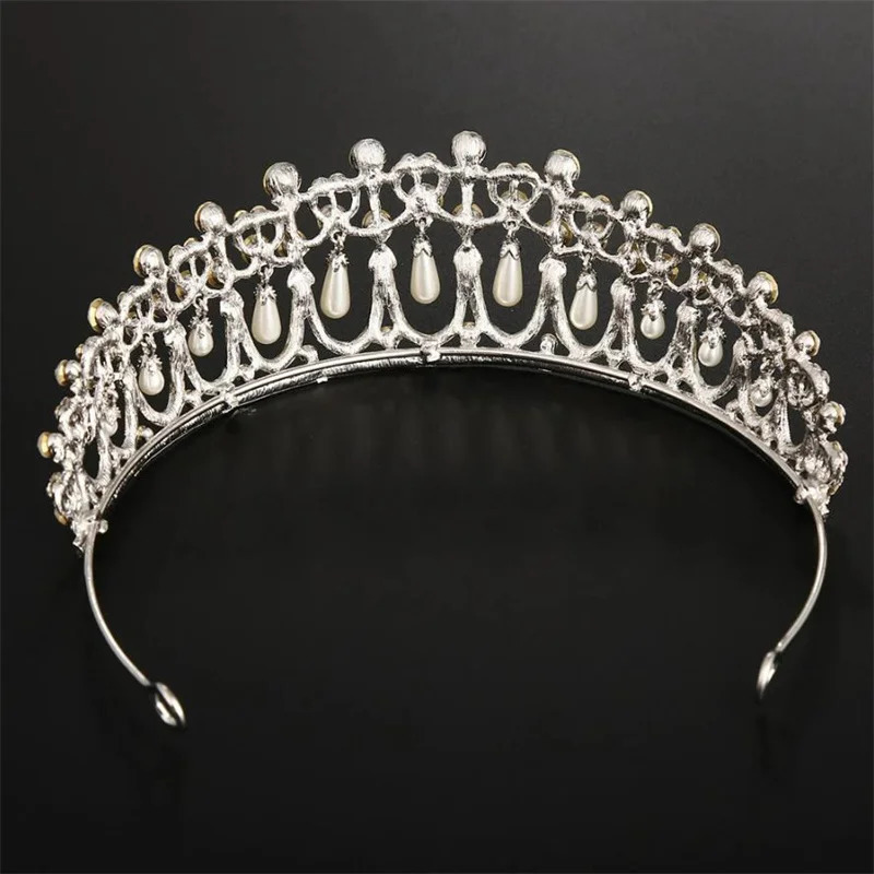 Vintage Silver Plated Queen Princess Diana Crown Crystal Pearl Diadem For Bridal Hair Accessories Bride Headbands Tiara De Noiva 250225
