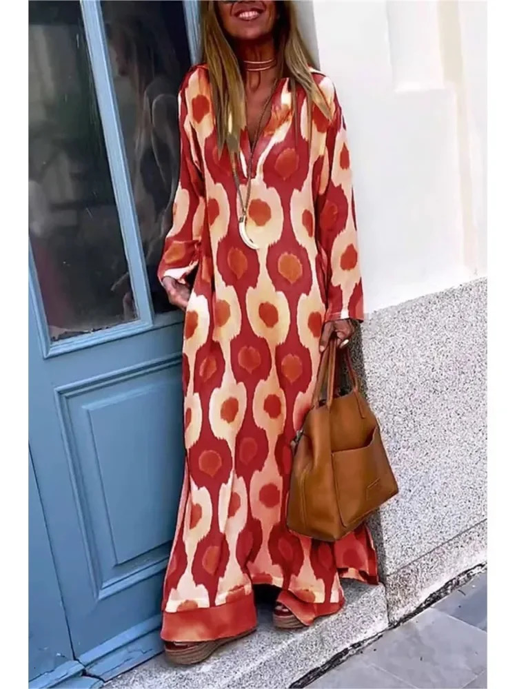 Autumn Causal V NeckWomen Geometric Maxi Dress Long Sleeve Dresses Female Holiday Beach Boho Dress 250225
