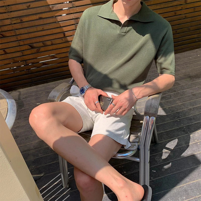 Mens Light Leisure Solid Color V-Neck Knitted Polo Shirt Short Sleeve T-Shirt for Men Breathable Fashion Knitwear 250225