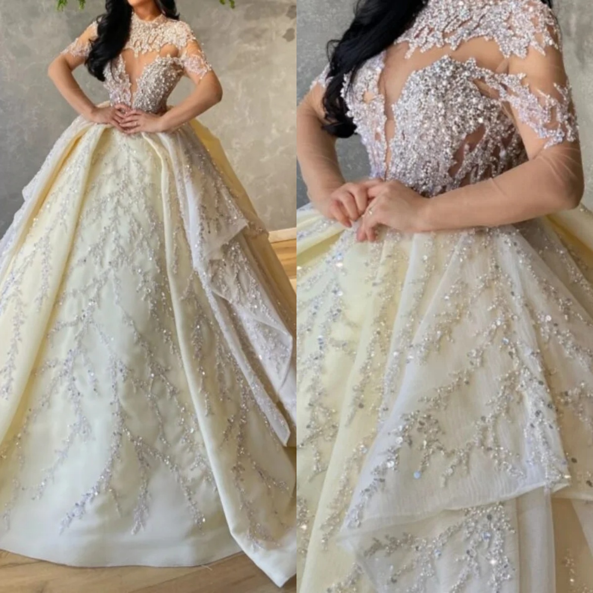 Gorgeous Ball Gown Wedding Dress For Women High Collar Long Sleeves Bridal Gowns Sequins Lace Sweep Train Dresses Custom Made vestidos de novia