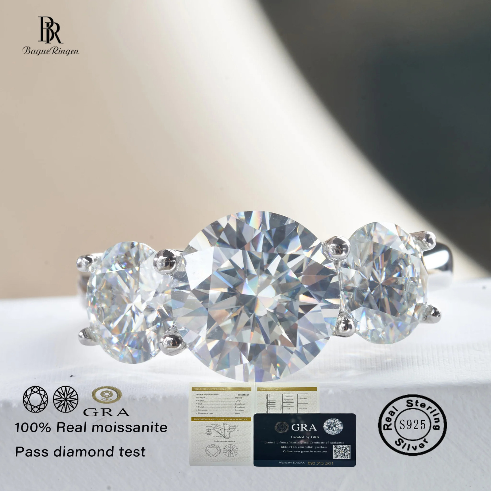 Real 2-4ct ring D-color round 3-stone wedding engagement commitment ring 925 sterling silver womens exquisite jewelry 250220