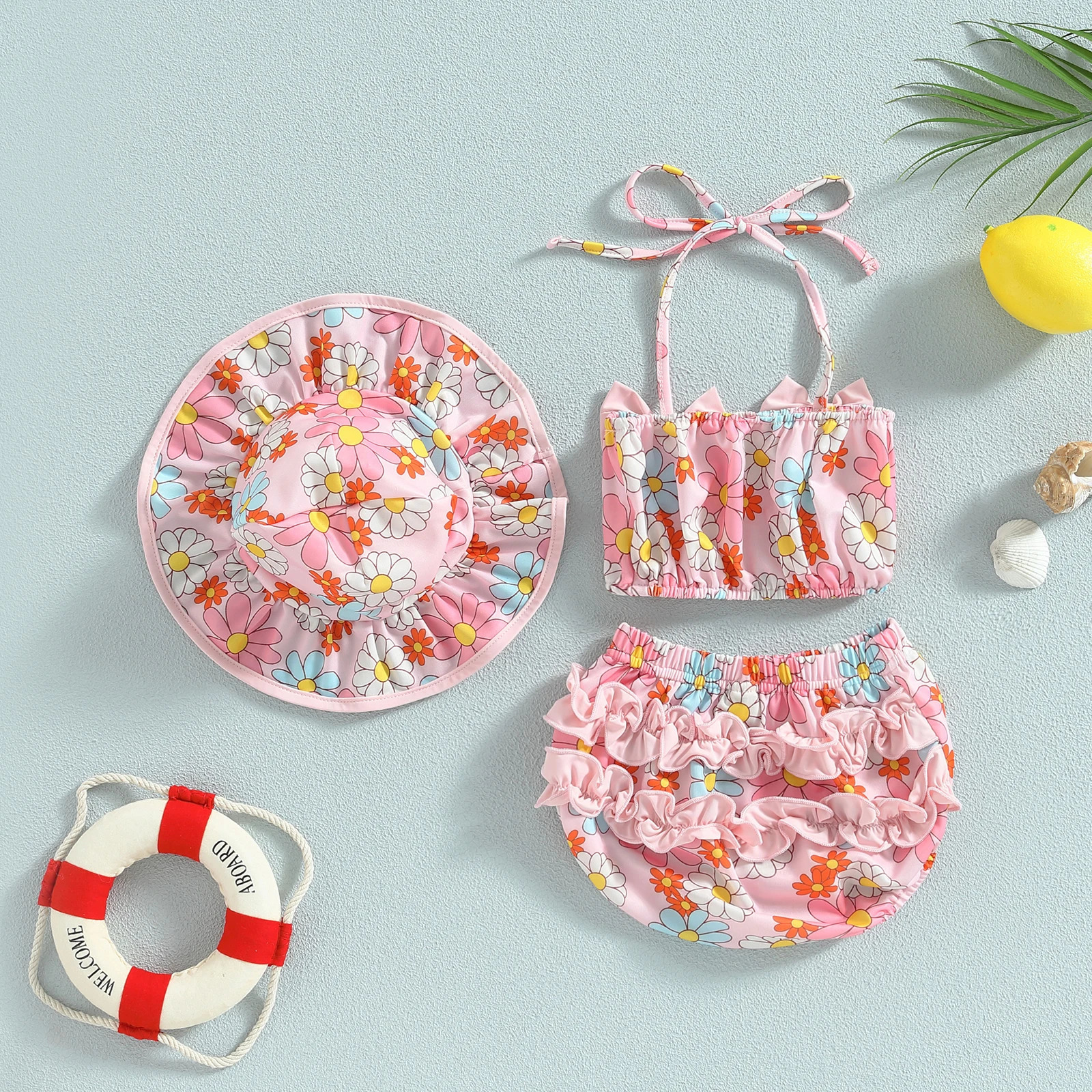 Citgeett Summer Infant Baby Girl Swimsuits Fruit Print Bandage Halterneck Sleeveless Tops Beach Shorts and Hat Swimwear 250225