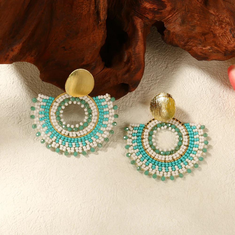 Badu Bohemia Style Fan Shape Handmade Beaded Dangle Earrings for Women Retro Ethnic Trendy Jewelry Rice Beads Earring 250225