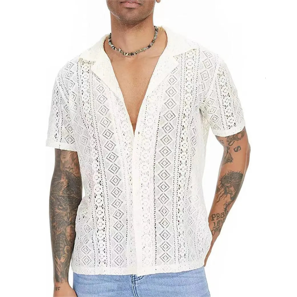 Summer Fashion Casual Style Mens Tops Hollow Out Lace Pane Solid Printed Sexy Blouse Male Knitted Short-sleeved Shirts 250222