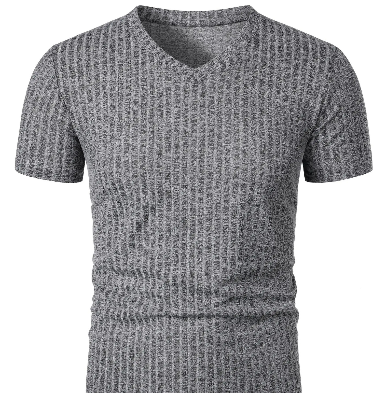 Mens running sports fitness wear summer high stretch vertical strip short sleeve V-neck slim knit base shirt 250225