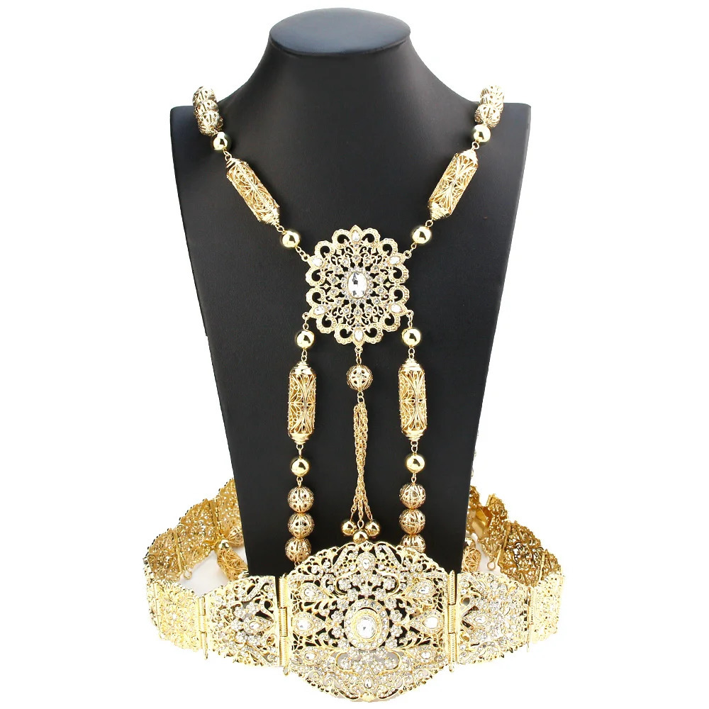 Sunspicems Morocco Bride Dress Caftan Belt Shoulder Chain Set Gold Color Algeria Women Wedding Jewelry Arabic Crystal Body Chain 250225