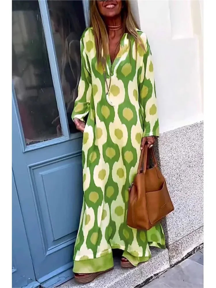 Autumn Causal V NeckWomen Geometric Maxi Dress Long Sleeve Dresses Female Holiday Beach Boho Dress 250225
