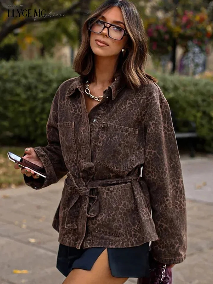 Leopard Jacket Women Lace up Lapel Autumn Coffee Print Womens Shirts Pockets Loose Casual Outerwears Female High Street Hipster 250225