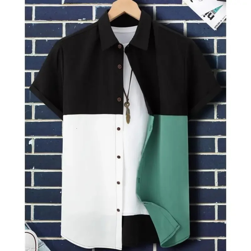 Shirts For Men 3d Patchwork Plaid Printed Men Clothing Summer Casual Short Sleeved Daily Street Tops Loose Oversized Shirt 250226