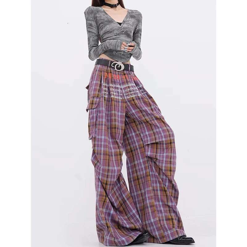 Y2k Purple Plaid Cargo Pants Women Korean Fashion Winter Checked Trousers Oversized Haruku Vintage 90S Wide Leg Pantalones