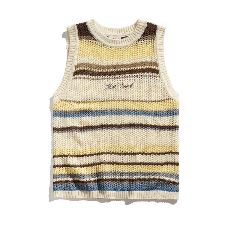 Fashion Striped Hollow Knitted Vest Mens Summer Color Matching Sleeveless Tshirt Loose Couple Vests Tops Male Clothes 250225
