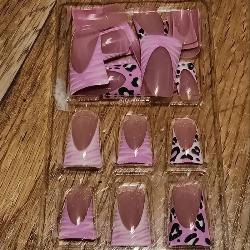 24pcs Duckbill shaped pressed nails pink leopard print French edge detachable full cover acrylic 250217