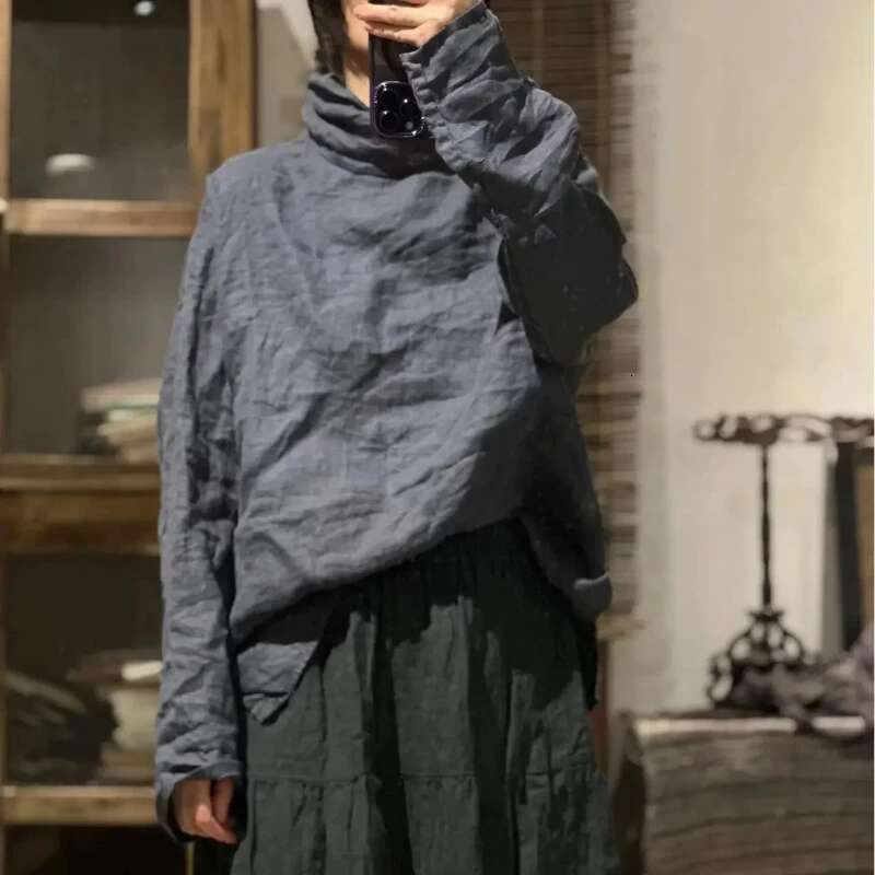 Solid Cotton En Turtleneck Shirts For Women Tops Korean Clothes Elegant Artist Ethnic Style Streetwear New Vintage Pullover