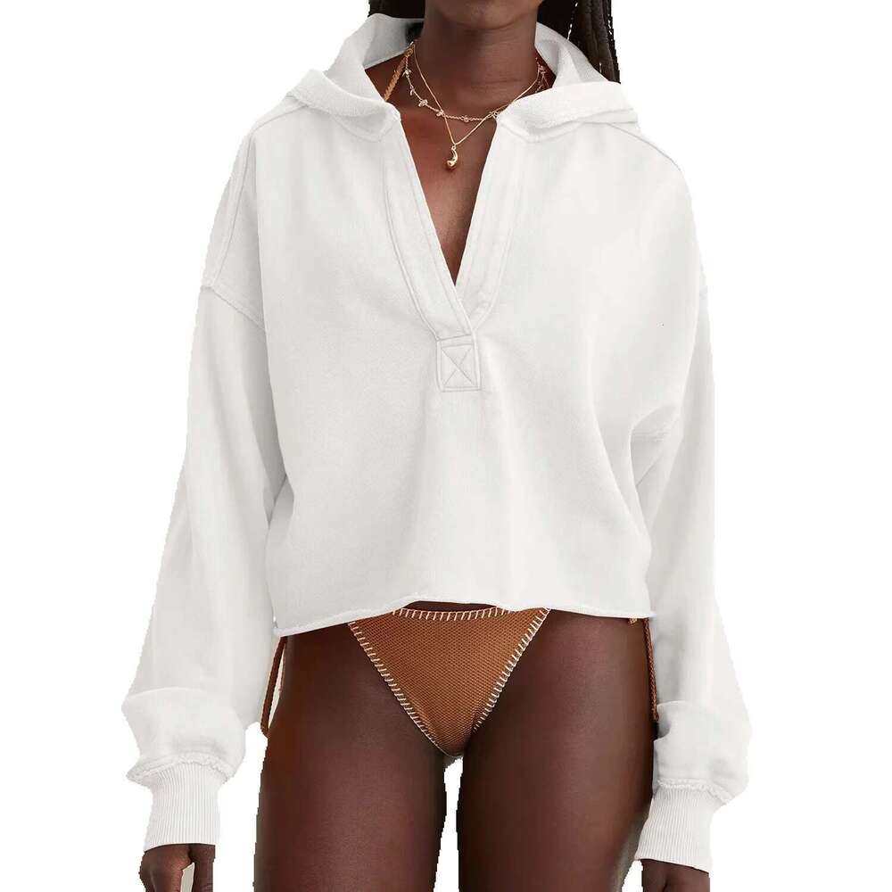 RTS Women's Spring Autumn Hooded Sweatshirt Long Sleeve Solid Color V Neck Crop Hoodie