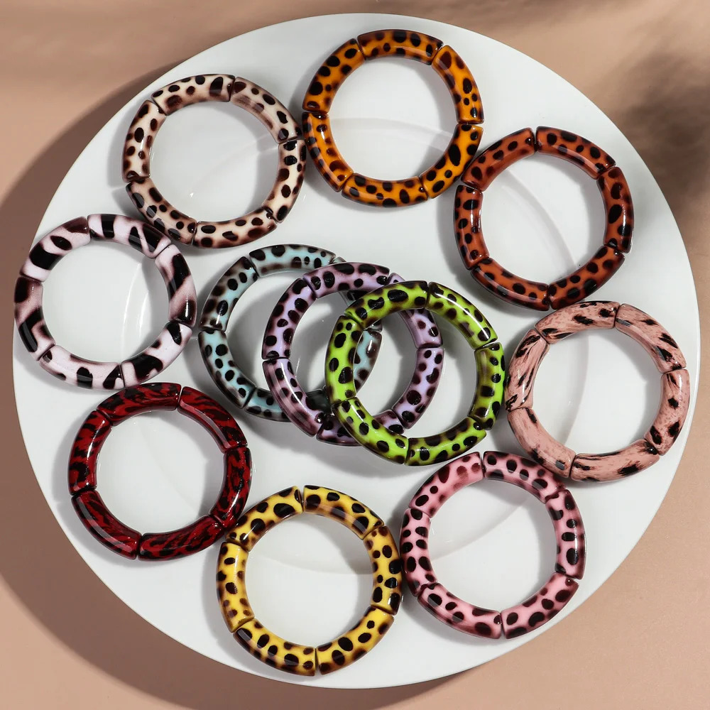 Colorful Leopard Big Bamboo Tube Beaded Acrylic Bracelets for Women Men Boho Elastic Curved Resin Bangle Stack Jewelry Gifts 250225