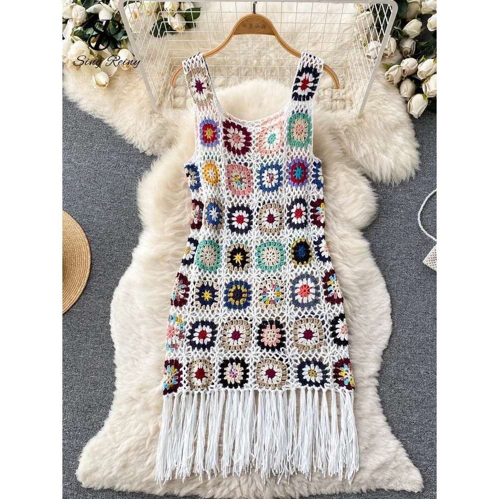 SINGREINY 2023 Sunmmer Knitted Hook wer Hollow Out Tassel Women Slim Streetwear Original Design Fashion Vintage Dress