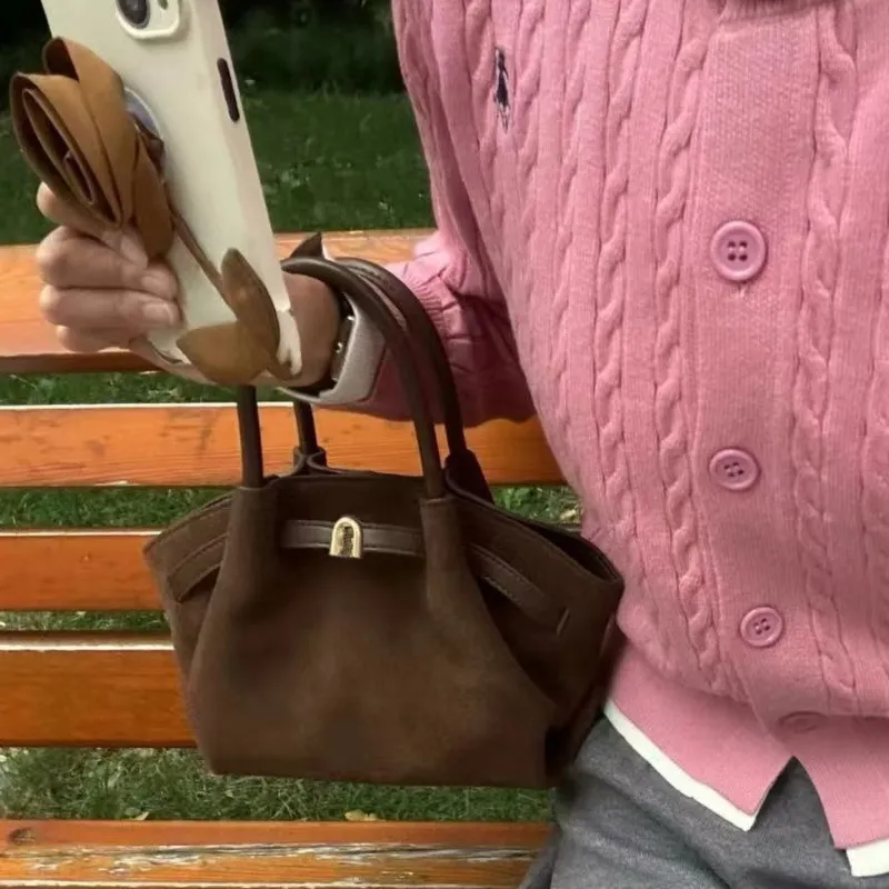 Green Suede Shoulder Bag with Belt Buckle for Women - Small Vintage-Style Messenger Handbag