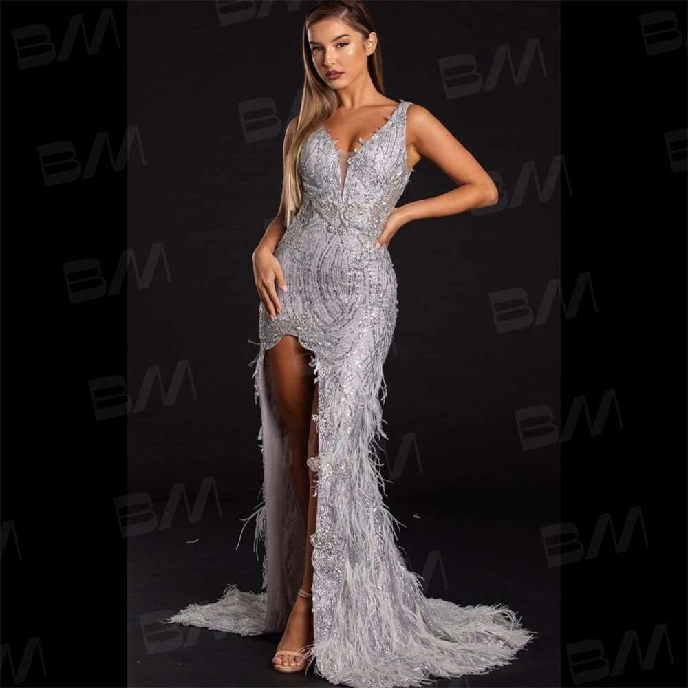 High side slit spaghetti ribbons fringed evening without backs party gala dresses sexy feathers custom prom dress