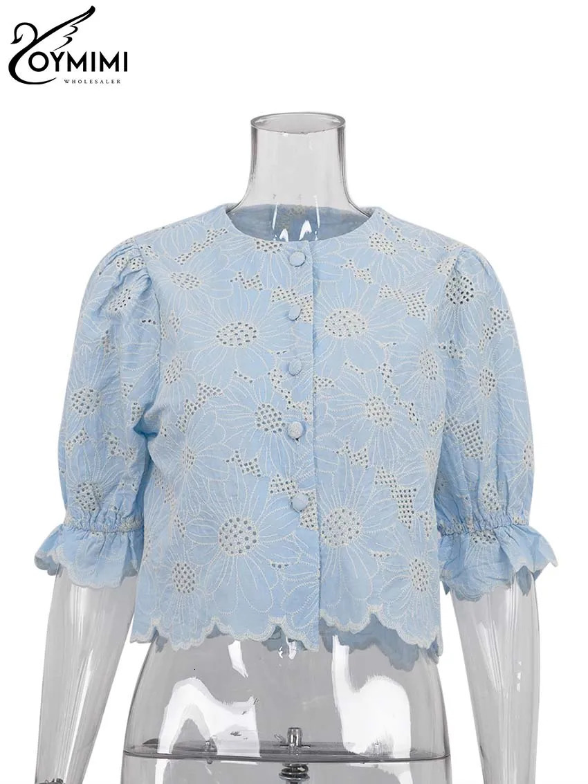 Oymimi Fashion Blue Printed Womens Elegant O-Neck Hollow Half Sleeve Shirt Summer Autumn Single Chest Cotton Shirt 250222