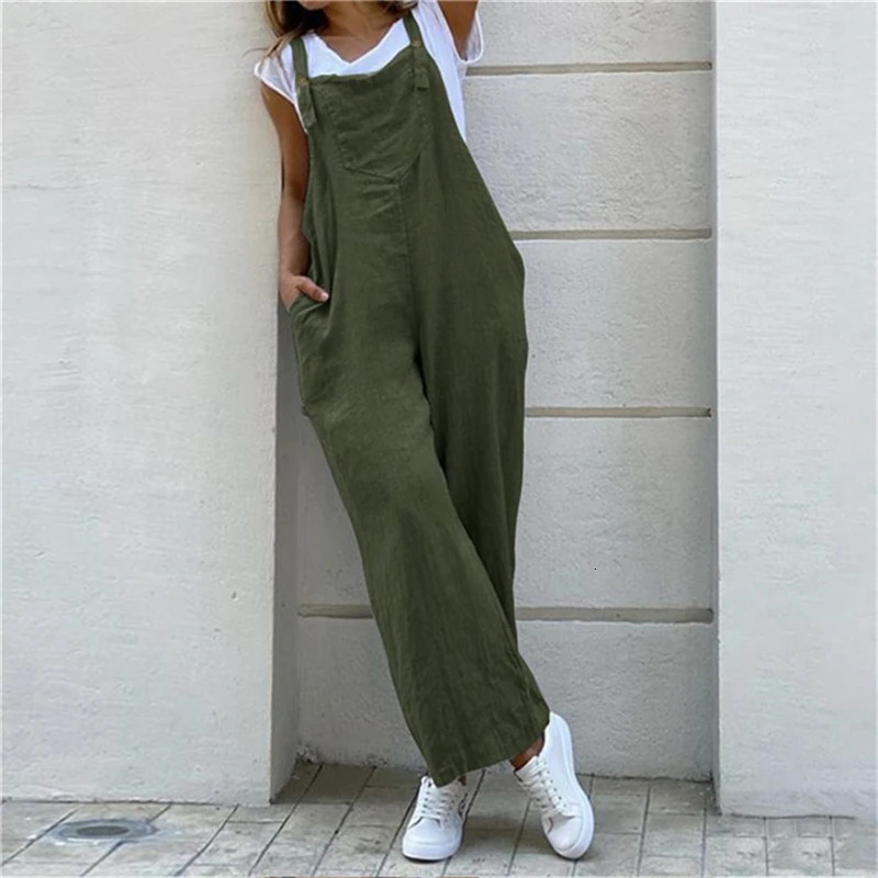 Summer Jumpsuit For Women Solid Color Jumpsuit Casual Long Pant Pockets Button Wide Leg Strap Jumpsuit Loose Rompers Overalls 250225