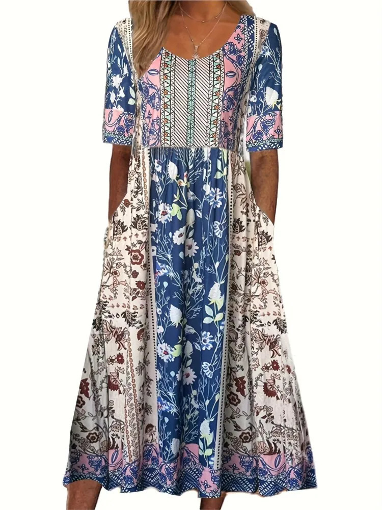 Summer O-neck Short Sleeve Bohemian Maxi Dress Women Fashion Flower Printing Vintage Female Dress Casual Holiday Dresses 250225