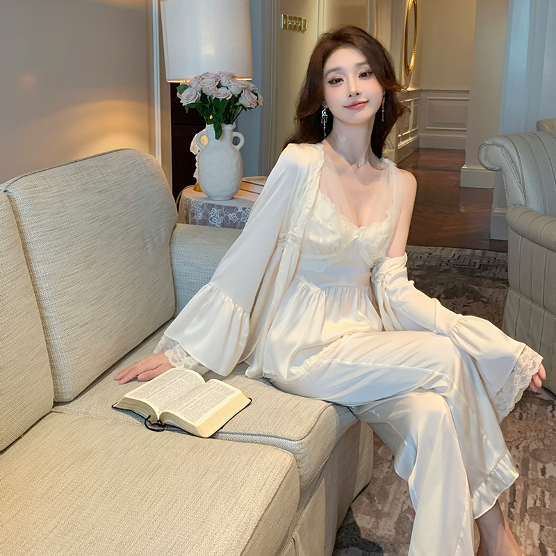 D220 Pajamas Spring and Autumn Women's Ice Silk Sexy Lace Three-piece Set Outerwear Suspenders Long Pants with Chest Pads Home Clothes