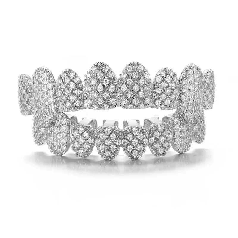 Hip Hop All Ice CZ Stone Teeth Hat Cube Zircon Micro Lay Top and Bottom Charm Barbecue Set 250220