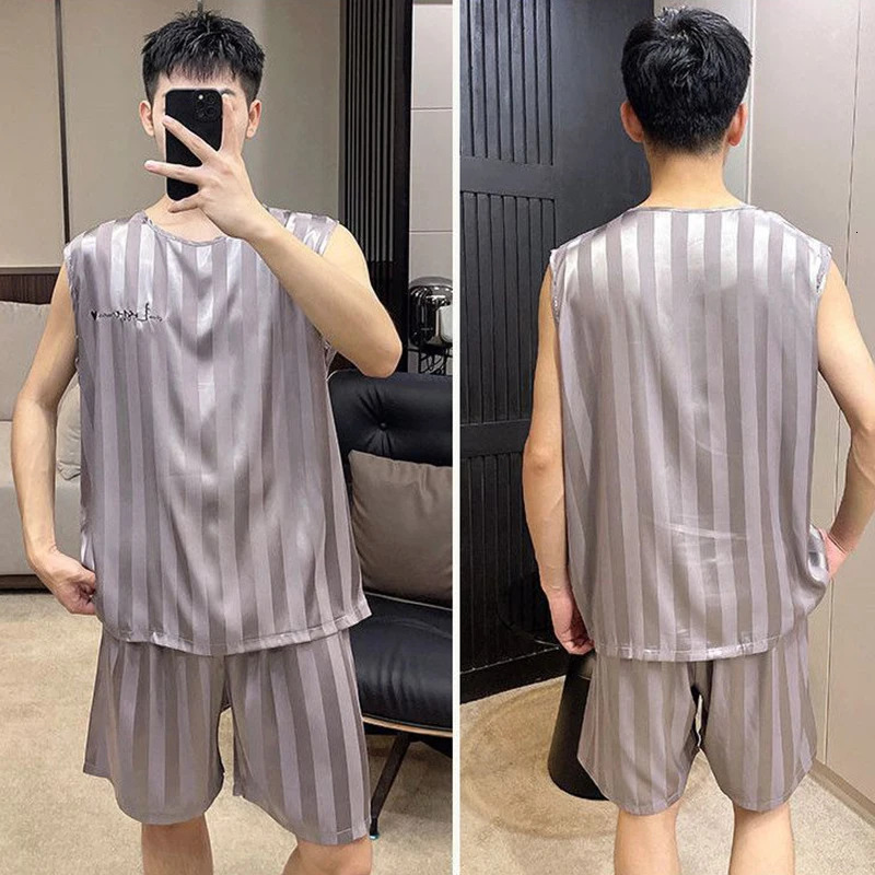 Summer striped mens pajamas ice silk shorts two-piece set pajamas casual sleeveless mens pajamas set 250225