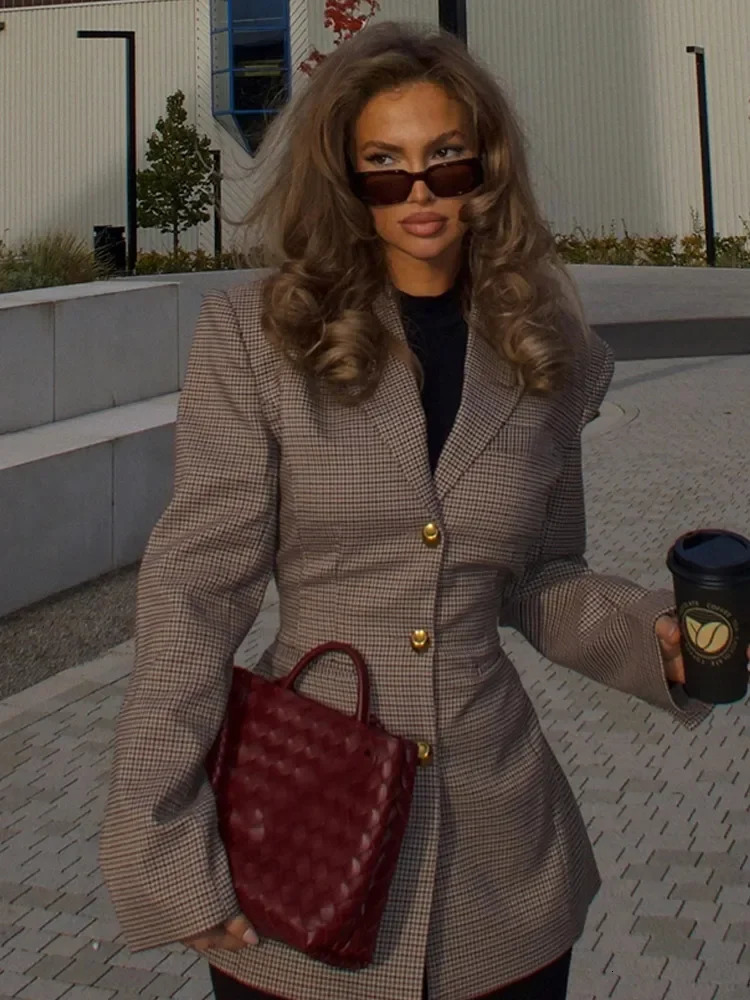 Vintage Khaki Plaid Suit Coat Women Lapel Long Sleeved Button Slim Jacket 2024 Fashion Commute High Street Female Outerwear 250225