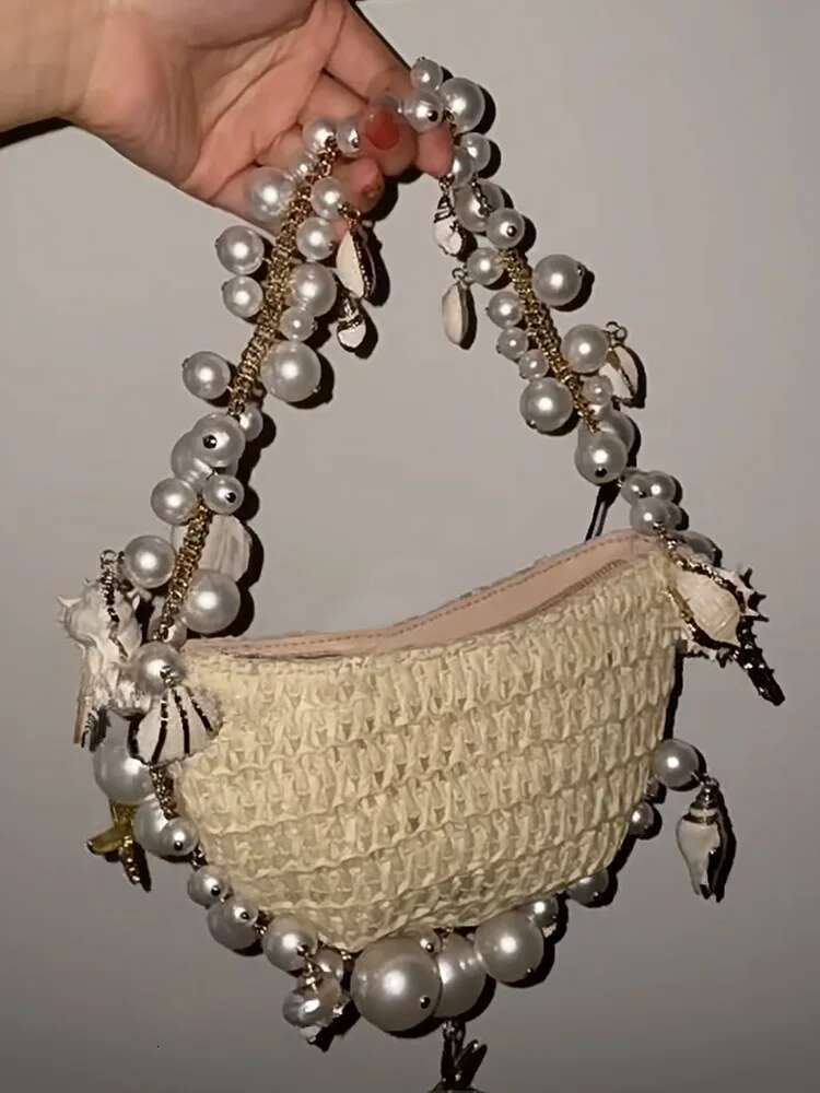 Ladies' Party Evening Dress Crossbody Bag Female Designer Brand Handbag And Wallet 2025 New Paper Grass Weaving Chain Beaded Shoulder Bag