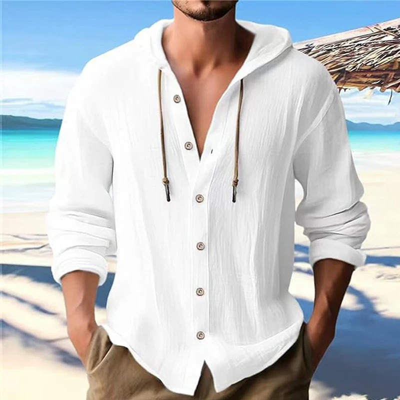 Summer Mens Linen Shirt Solid Streetwear Long Sleeve Hoodie Cardigan Clothing For Men Button Tops Casual Loose Hooded 250214Z