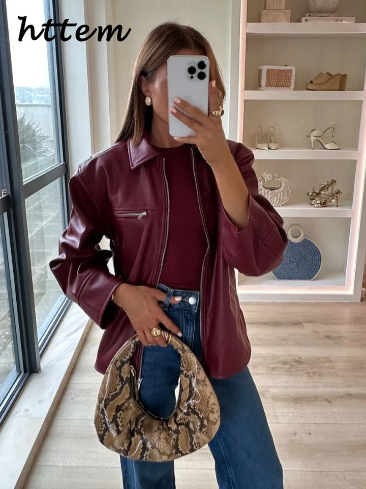 Street Womens Red Wine Leather Jacket Loose Lapel Zipper Long Sleeve Pockets Female Coat 2024 Autumn Lady Vintage Solid Outwear 250225