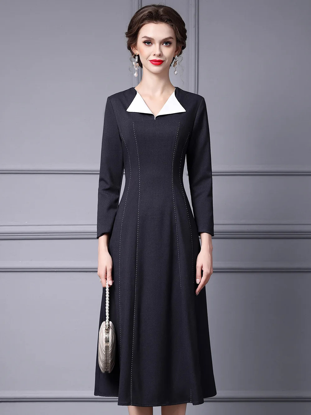 ZJYT Arrivals Spring Dresses for Women 2025 Runway Fashion Long Sleeve Brief Casual Midi Dress Aline Grey Vestidos Female 250225