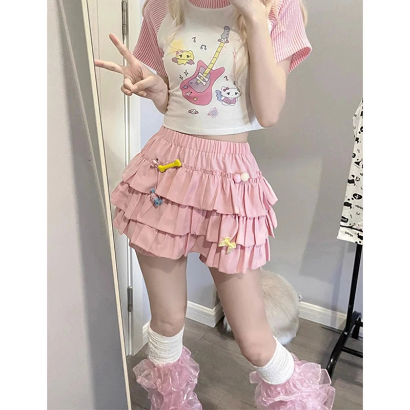 MEXZT Y2K Sweet Ruffles Mini Skirt Women Kawaii Lolita Bow A Line Skirts Harajuku Japanese High Waist Pink White Ball Gown Skirt 250225
