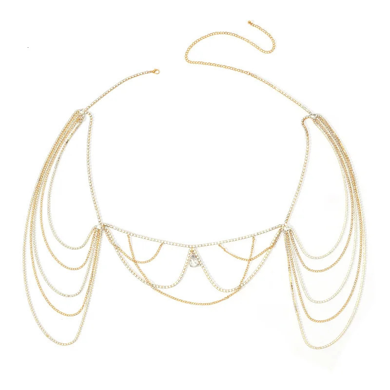 Fashionable Water Drop Pendant Multi layer Rhinestone Chest Chain Party Full Dress Womens Body Chain Jewelry 250225