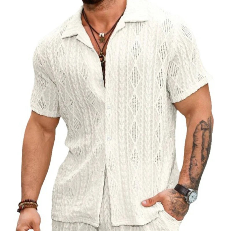 Beach Casual Breathable Mesh Lace Shirt Men Summer Vintage Hollow Out Lapel Button-up Cardigans Mens Shirts Short Sleeve Shirts 250222