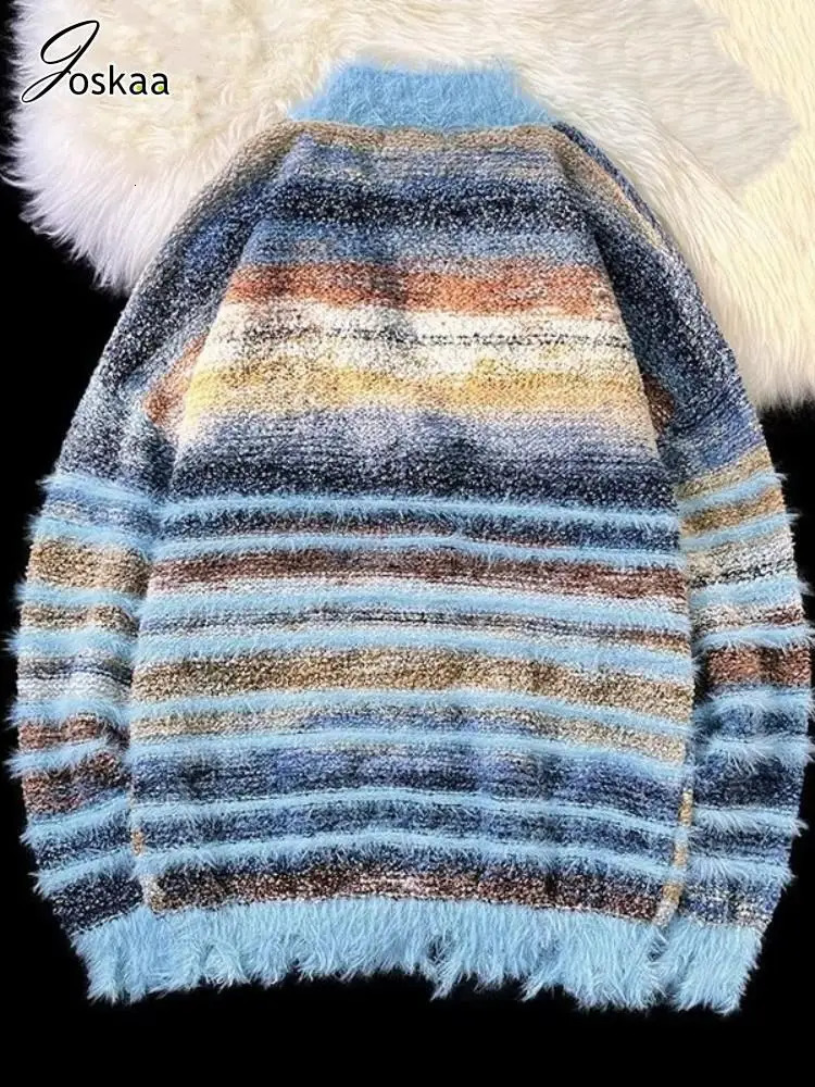 Joskaa Colorful Striped Oversized Knitted Cardigan Women Hipster V-Neck Full Sleeve Button Sweater Coat Outerwear Y2K Streetwear 250225
