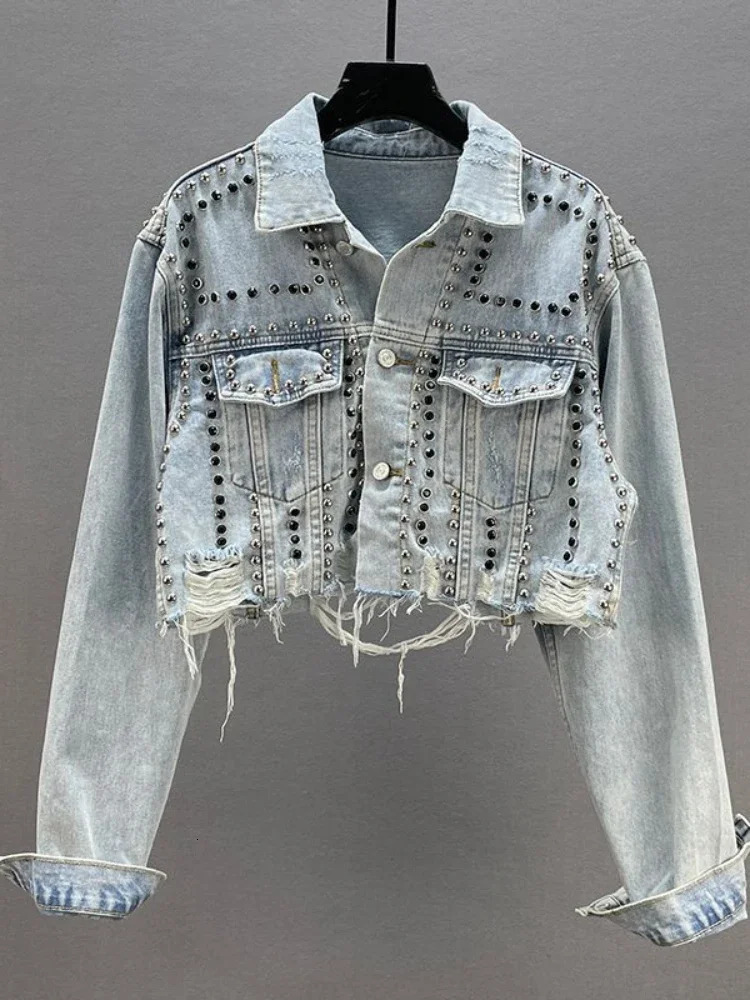 Womens Denim Jacket Spring Summer in Heavy Industry Rivet Studded Jean Jacket Women Worn Nail Bead Jean Jacket Top 250225