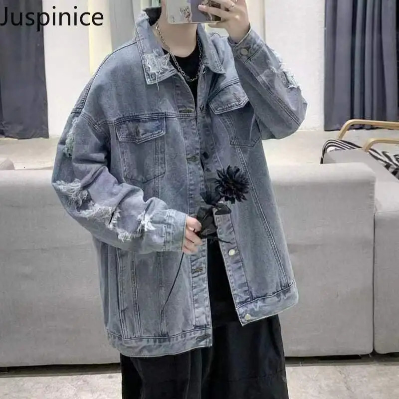 Spring Autumn Ripped Denim Jackets Mens Causal Loose Oversize Handsome High Street Overcoat Men Tops Male Clothes 250225