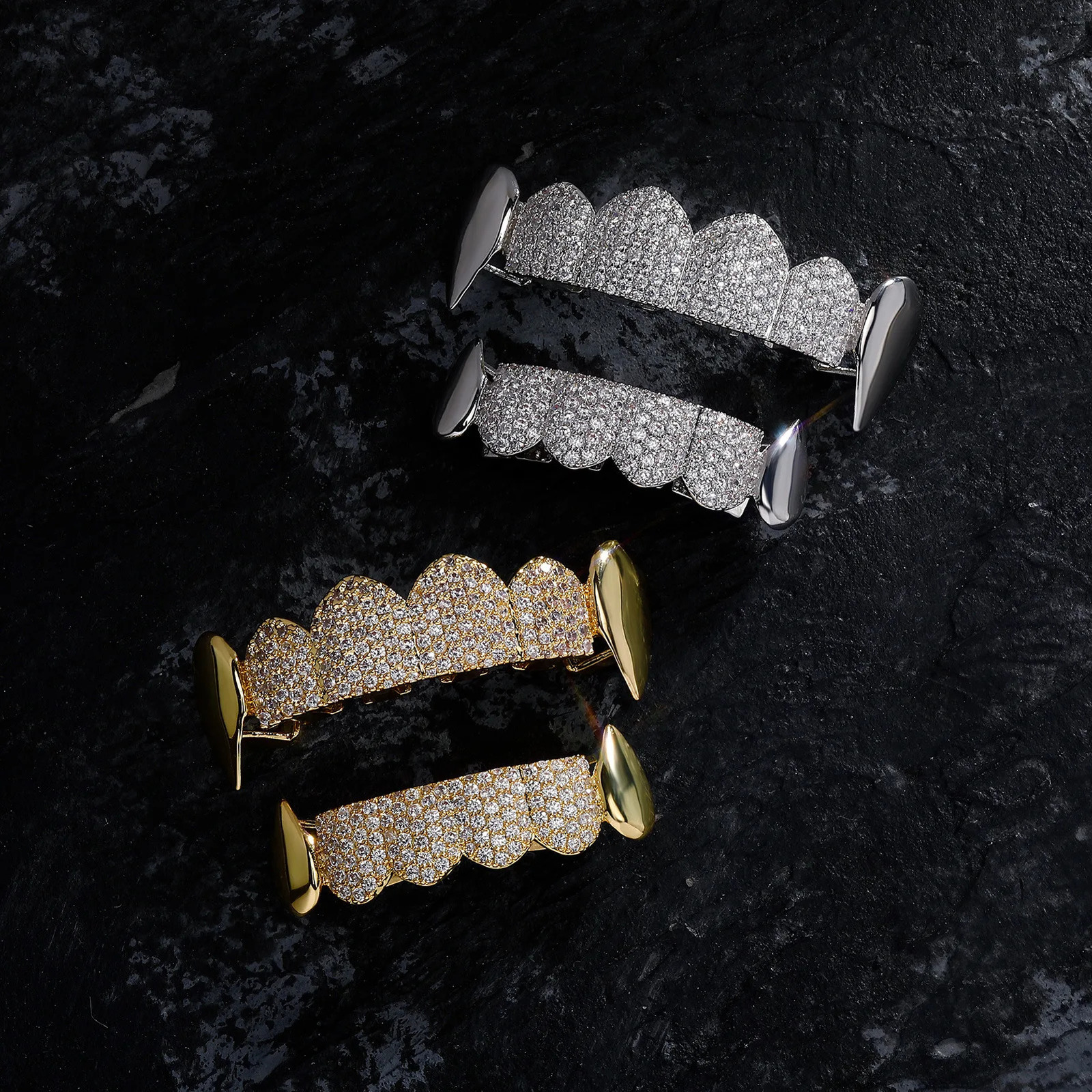 Hip Hop 6/6 Full CZ Stones Teeth Caps Cubic Zircon Iced Out Micro Pave Top Bottom Charm Grills For Men Women Jewelry 250220