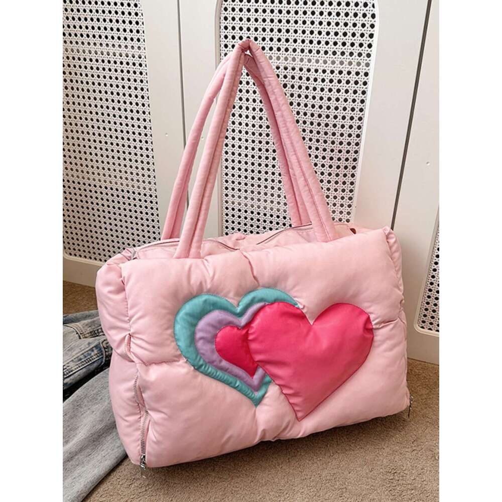 Women's Bags Autumn And Winter New Down Tote Women's Fashion Love Printed Large Capacity Cotton Robe Versatile Shoulder Bag Handbag