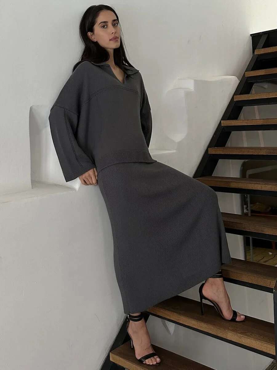 Bornladies Autumn Winter Women V-Neck Sweater Skirt Fashion Solid Basic Pullover Top Warm Loose Knitted 2-Piece Set