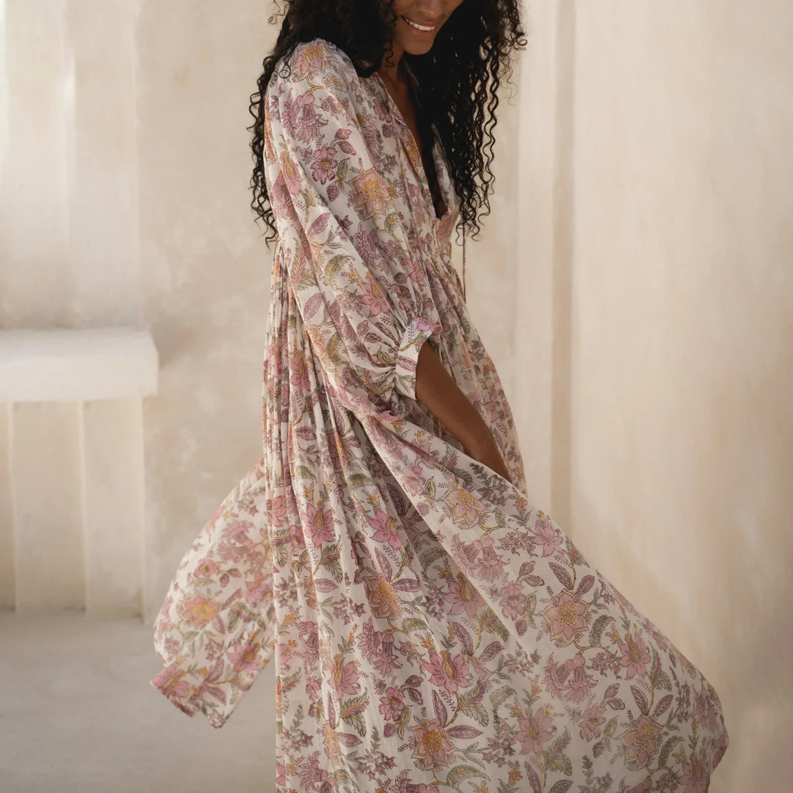 Women Floral Maxi Dress Y2k Boho Printed 3/4 Lantern Sleeve V Neck Dress Holiday Beach Loose Swing Sundress Party Clubwear 250225