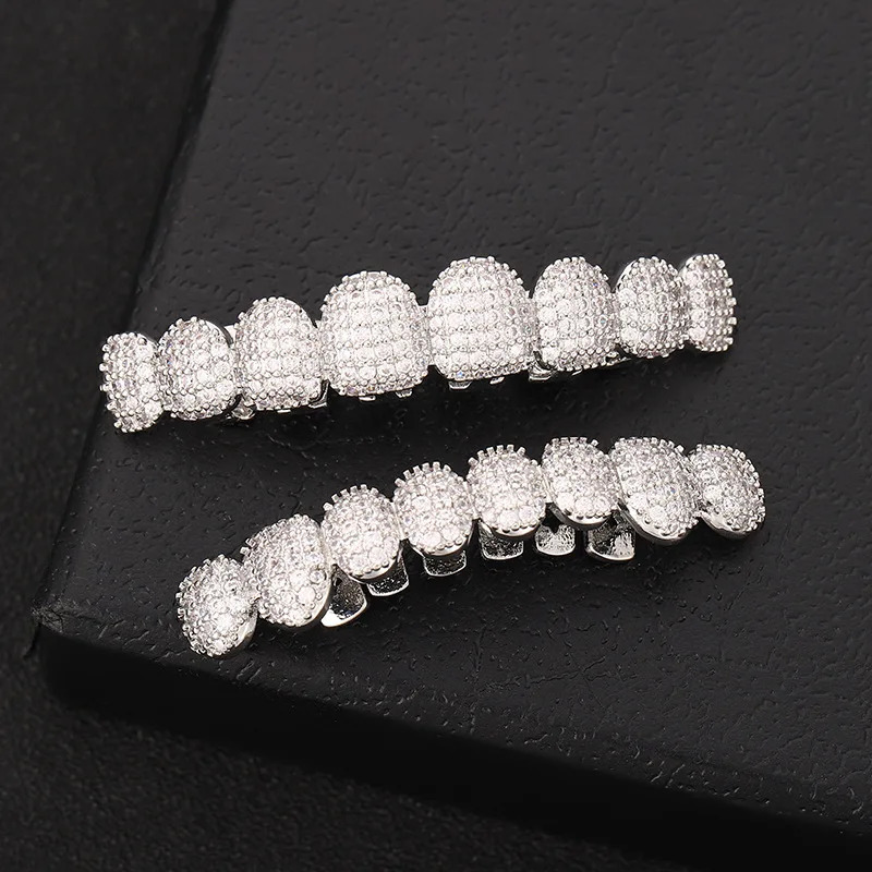 8/8 teeth HIP HOP Teeth Top Bottom Grills Set With silicone Real Shiny Tooth Sets Gift 250220