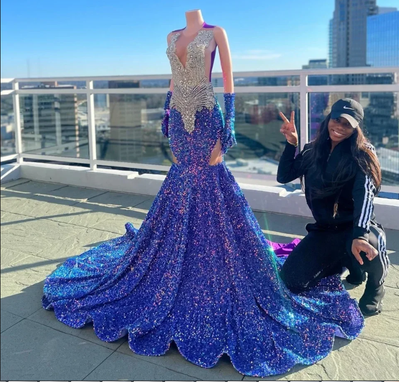 Shiny Royal Blue Sequins Prom Dresses With Sier Beads Rhinstones For African Girls 2025 New Graduation Gala Evening Gowns Sheer Neck Robes De Bal 6660