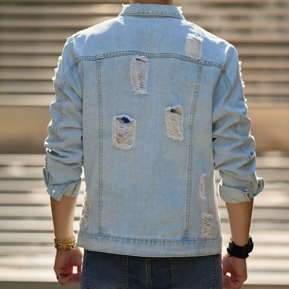 Streetwear Men Ripped Solid Slim Denim Jacket High Quality Male Holes Motorcycle Casual Denim Jacket Coat 250225