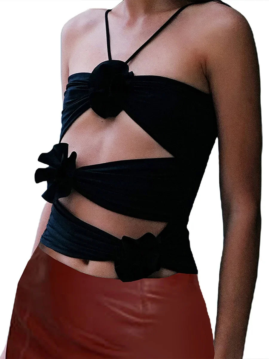 Fashion 3D Floral Strap Crop Tops for Women Sleeveless Bodycon Cut Out Halter Camisole Y2k Fitted Bustier Corset Top 250225